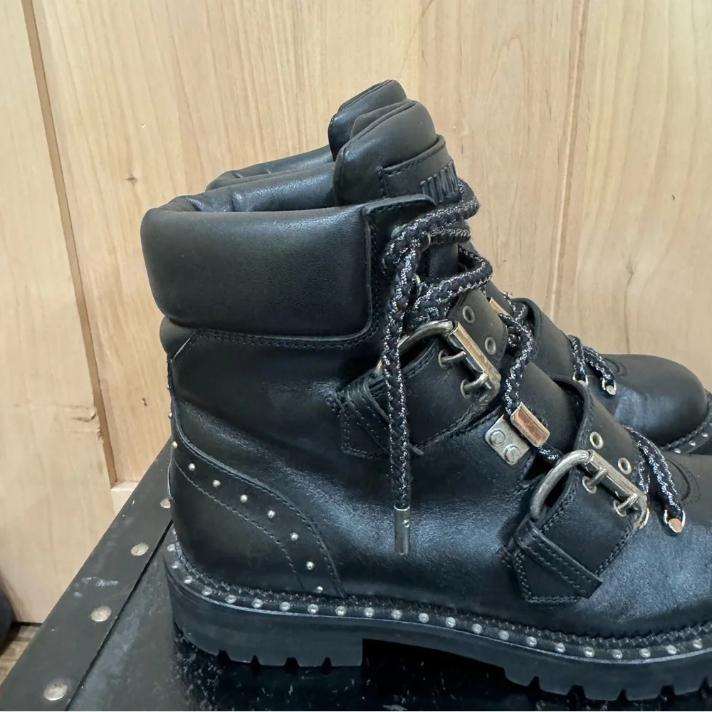 Jimmy Choo Calfskin Breeze Biker Combat Boots Sz 37.5 Black Moto Buckle Studded - Picture 8 of 16